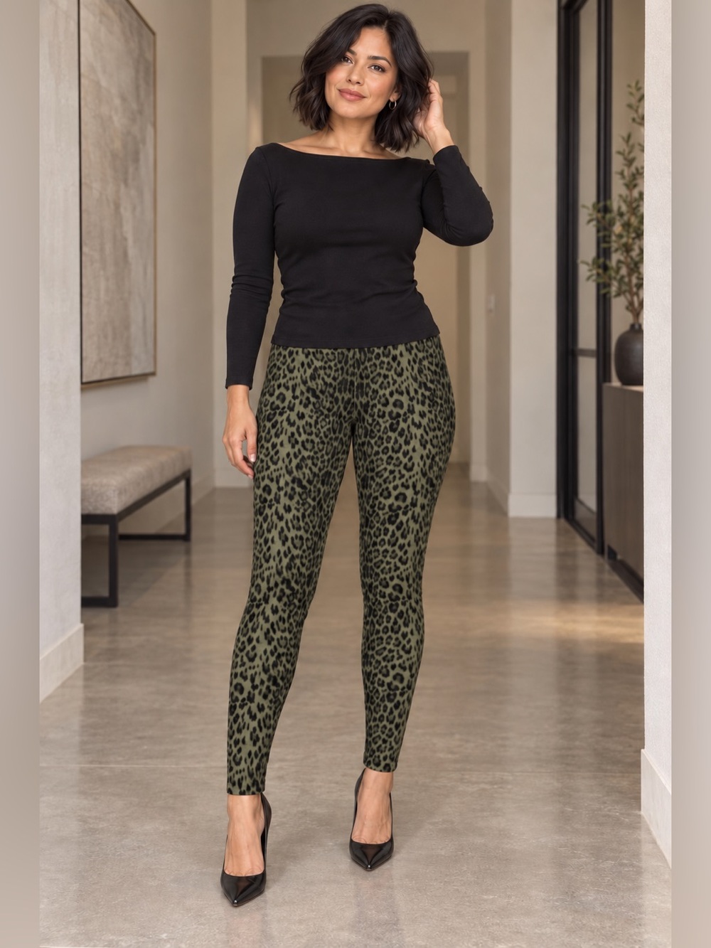 INC International Concepts Black and Olive Green Leopard Print Leggings
